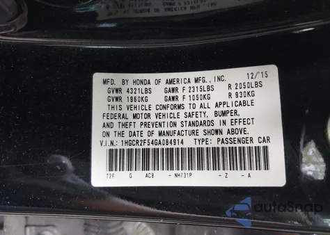 2016 Honda Accord Sport from USA, damaged, VIN 1HGCR2F54GA084914